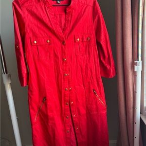 Red Button-Up Dress with Gold Accents